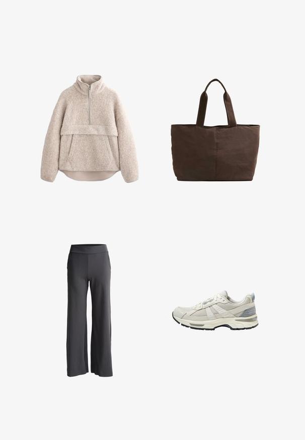 Pull de fleece beige texturé avec un col haut, une fermeture éclair mi-longue et une poche avant. Il possède des manches larges et un ourlet arrondi.; Pantalon large en tissu gris foncé avec une texture douce. Dispose d'une taille haute élastique et de poches latérales pour plus de fonctionnalité.; Chaussure de sport beige avec tige en maille texturée et accents lisses. Comprend une semelle coussinée, un bout renforcé et une semelle extérieure en caoutchouc noir.; Sac tote en tissu marron avec deux poignées robustes, forme rectangulaire, détails de couture minimalistes et texture lisse.
