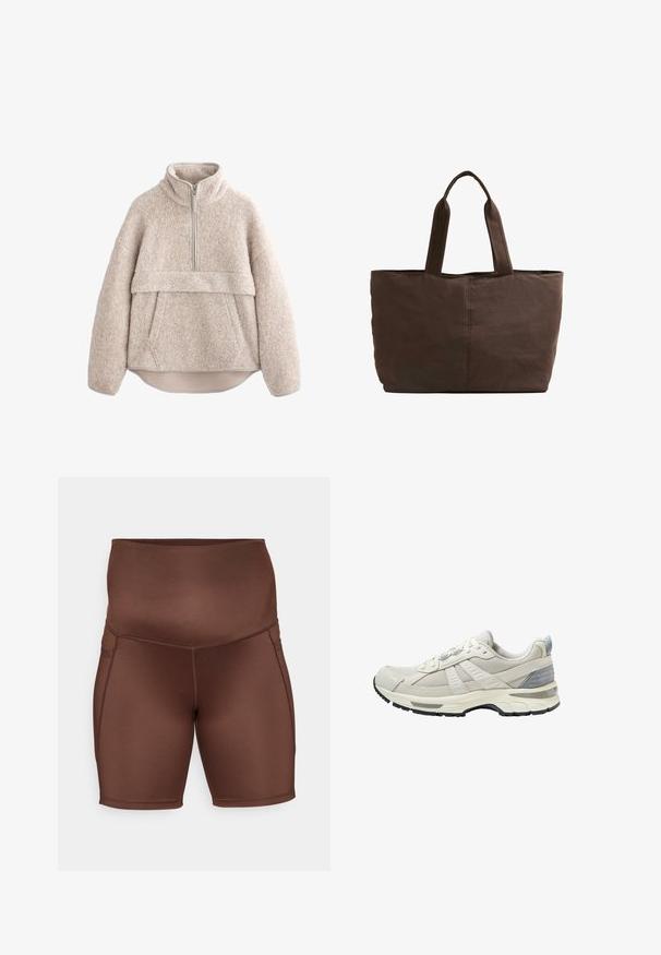 Beige, struktureret fleece-pullover med høj krave, lynlås i halv længde og frontlomme. Har brede ærmer og en buet kant.; Brune højtaljede shorts lavet af blødt, elastisk stof. Har sidesømme og et tætsiddende design, velegnet til atletisk brug.; Beige atletiksko med tekstureret mesh-overdel og glatte detaljer. Har en polstret sål, forstærket tå og sort gummiydersål.; Brun stof totebag med to robuste håndtag, rektangulær form, minimale syninger og en glat tekstur.