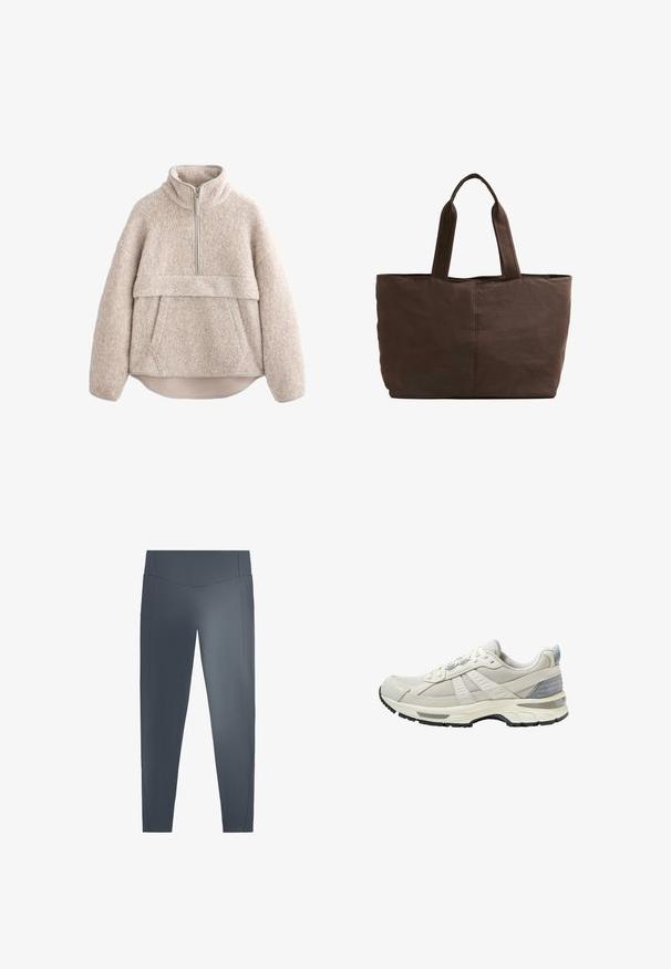 Beige, struktureret fleece-pullover med høj krave, lynlås i halv længde og frontlomme. Har brede ærmer og en buet kant.; Mørkegrå leggings med en glat tekstur, høj talje og to sidelommer. Har minimal syning og en afslappet ben design.; Beige atletiksko med tekstureret mesh-overdel og glatte detaljer. Har en polstret sål, forstærket tå og sort gummiydersål.; Brun stof totebag med to robuste håndtag, rektangulær form, minimale syninger og en glat tekstur.