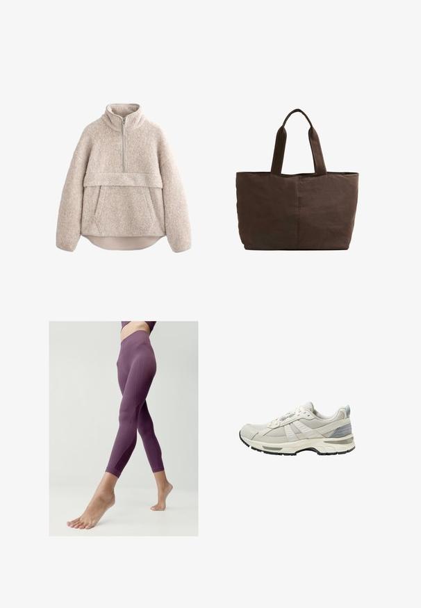 Béžový pulóver z texturovaného fleece s vysokým golierom, polovičným zipsom a predným vreckom. Obsahuje široké rukávy a zakrivený lem.; Legíny v hlbokej purpurovej farbe, vyrobené z hladkej, pružnej látky. Majú vysoký pás a jemné detaily švov.; Svetlobéžová športová obuv s vrchnou časťou z sieťoviny, textúrovanými prekryvmi, plochými šnúrkami a tlmenou podrážkou. Má čiernu gumovú podrážku pre lepšiu trakciu.; Hnedá látková taška s dvoma pevných uchami, obdĺžnikový tvar, minimálne švy a hladká textúra.
