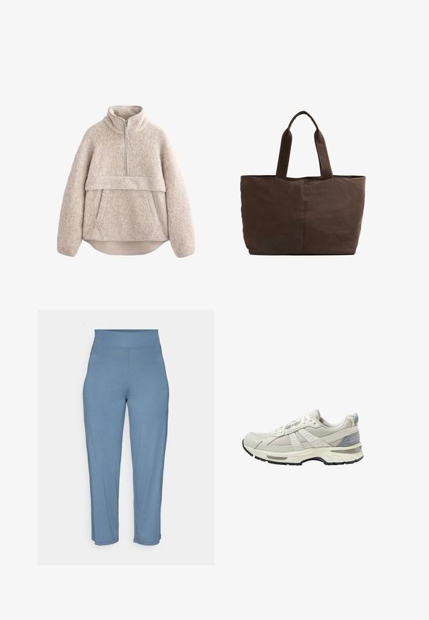 Bežani, teksturirani flis pulover s visokim ovratnikom, polu-dužim patentnim zatvaračem i prednjim džepom. Sadrži široke rukave i zakrivljeni rub.; Svijetlo plave tajice koje su prilagođene tijelu, s visokim pojasom, glatkom teksturom i ravnim krojem. Bez vidljivih uzoraka ili dodataka.; Bež sportska cipela s teksturiranim mrežastim gornjim dijelom i glatkim detaljima. Imaj jastučićastu potplatu, ojačani vrh i crni gumeni potplat.; Smeđa platnena torba s dvije čvrste ručke, pravokutnog oblika, minimalnim detaljima šivanja i glatkom teksturom.