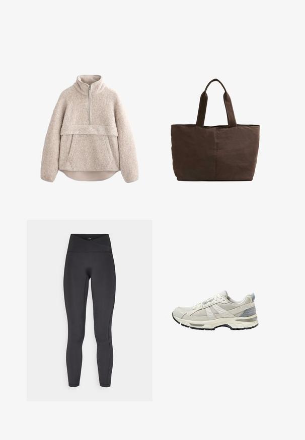 Pullover in pile beige e testurizzato con colletto alto, zip a metà lunghezza e tasca frontale. Presenta maniche ampie e orlo curvo.; Leggings neri a vita alta con fascia incrociata, realizzati in tessuto elasticizzato, caratterizzati da una texture liscia e dettagli cuciti.; Scarpa sportiva beige con tomaia in mesh testurizzato e dettagli lisci. Presenta una suola ammortizzata, punta rinforzata e suola esterna in gomma nera.; Borsa a tracolla in tessuto marrone con due manici robusti, forma rettangolare, dettagli di cucitura minimi e una texture liscia.