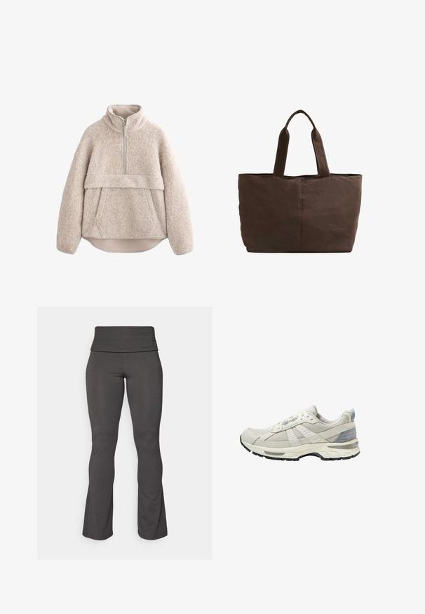 Bežani, teksturirani flis pulover s visokim ovratnikom, polu-dužim patentnim zatvaračem i prednjim džepom. Sadrži široke rukave i zakrivljeni rub.; Prilagođene tamno sive, proširene joge s širokim, mekim pojasom. Napravljene od rastezljive, glatke tkanine za udobnost i fleksibilnost.; Bež sportska cipela s teksturiranim mrežastim gornjim dijelom i glatkim detaljima. Imaj jastučićastu potplatu, ojačani vrh i crni gumeni potplat.; Smeđa platnena torba s dvije čvrste ručke, pravokutnog oblika, minimalnim detaljima šivanja i glatkom teksturom.
