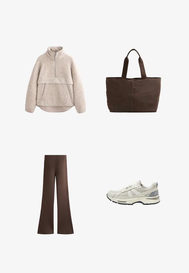 Bežan, teksturiran flis pulover z visokim ovratnikom, polovičnim zadrgo in sprednjim žepom. Ima široke rokave in ukrivljen rob.; Rjavi široki hlače iz gladkega materiala, z bočnimi šivi in sproščenim krojem, z razširjenimi robovi na dnu za tekočo silhueto.; Bež atletski čevelj z zgornjim delom iz teksturirane mrežice in gladkimi poudarki. Ima oblazinjen podplat, ojačan prstni del in črni gumijasti podplat.; Rjava platnena torba z dvema trdnima ročajema, pravokotne oblike, minimalni šivi in gladka tekstura.