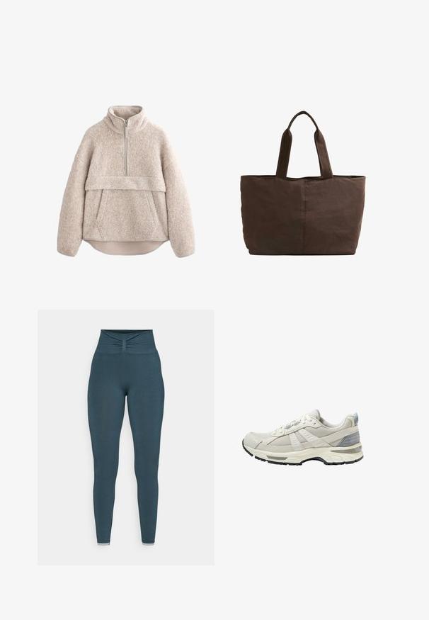 Beige, teksturoitu fleece-pusero korkealla kauluksella, puolipitkällä vetskarilla ja etutaskulla. Ominaisuuksia ovat leveät hihat ja kaareva helma.; Korkeavyötäröiset legginsit tummanturkoosina, joissa on rypytetty yksityiskohta vyötäröllä ja sileä rakenne lahkeissa. Ei kuvioita tai koristeita.; Beigen värinen urheilukenkä, jossa on teksturoitu verkkopäällinen ja sileät yksityiskohdat. Varustettu pehmustetulla pohjalla, vahvistetulla kärjellä ja mustalla kumipohjalla.; Ruskea kangaskassi, jossa on kaksi tukevata kahvaa, suorakaiteen muotoinen, vähäiset ompeluyksityiskohdat ja sileä pinta.