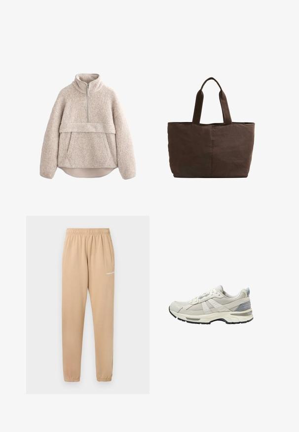 Bežan, teksturiran flis pulover z visokim ovratnikom, polovičnim zadrgo in sprednjim žepom. Ima široke rokave in ukrivljen rob.; Bež hlače za telovadbo z elastičnim pasom, zoženimi nogami in stranskimi žepi. Imajo majhen bel napis "PEGADOR" na levem stegnu.; Bež atletski čevelj z zgornjim delom iz teksturirane mrežice in gladkimi poudarki. Ima oblazinjen podplat, ojačan prstni del in črni gumijasti podplat.; Rjava platnena torba z dvema trdnima ročajema, pravokotne oblike, minimalni šivi in gladka tekstura.