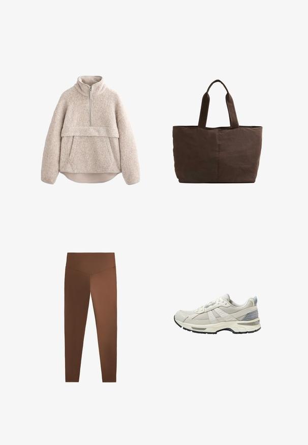 Bežan, teksturiran flis pulover z visokim ovratnikom, polovičnim zadrgo in sprednjim žepom. Ima široke rokave in ukrivljen rob.; Rjave legice z gladko strukturo, visokim pasom in zoženimi nogami, narejene iz raztegljivega materiala. Brez vzorcev ali vidne opreme.; Bež atletski čevelj z zgornjim delom iz teksturirane mrežice in gladkimi poudarki. Ima oblazinjen podplat, ojačan prstni del in črni gumijasti podplat.; Rjava platnena torba z dvema trdnima ročajema, pravokotne oblike, minimalni šivi in gladka tekstura.