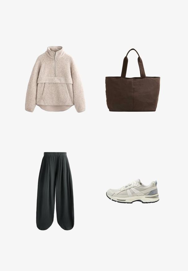 Beige, textúrált bolyhos pulóver magas gallérral, félig hosszú cipzárral és elülső zsebbel. Széles ujjak és ívelt alsó rész jellemzi.; Sötét szürke, bőszárú nadrág magas derékkal, puha, texturált anyagból készült, plissé részletekkel a laza illeszkedés érdekében.; Bézs színű sportcipő texturált hálós felsőrésszel és sima kiegészítőkkel. Párnázott talppal, megerősített orr-résszel és fekete gumitalppal rendelkezik.; Barna textil bevásárlótáska, két strapabíró füllel, téglalap alakú, minimális varrási részletekkel és sima felülettel.