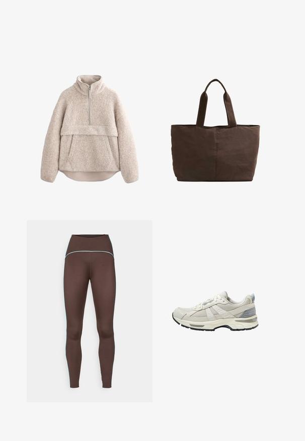 Béžový fleecový pulovr s texturou, vysokým límcem, zipem do poloviny délky a přední kapsou. Vybaven širokými rukávy a zaobleným lemem.; Hnědé legíny s vysokým pasem, které mají kontrastní světle modré švy po stranách. Vyrobeny z pružné, hladké tkaniny.; Béžová sportovní obuv s texturovaným síťovým svrškem a hladkými doplňky. Má polstrovanou podrážku, zesílenou špičku a černou gumovou podrážku.; Hnědá látková taška s dvěma pevným uchy, obdélníkový tvar, minimální detaily šití a hladká textura.