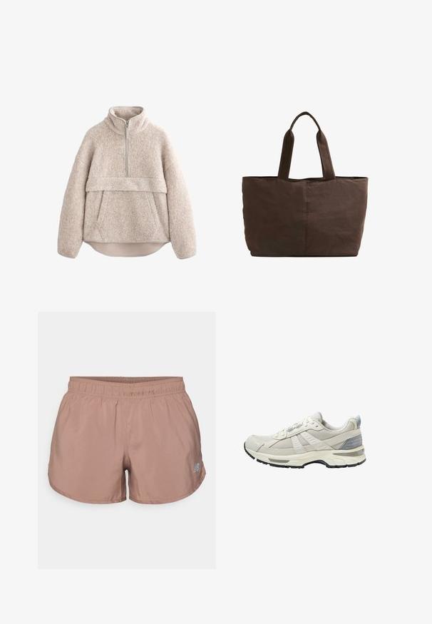 Pulover din blană texturată bej, cu guler înalt, fermoar până la jumătate și buzunar frontal. Dispune de mâneci largi și poală curbată.; Shorts atletici de culoare maro deschis, cu un elastic la talie și un mic logo reflectorizant pe laterale. Realizați dintr-un material neted și ușor.; Pantof sportiv bej cu partea superioară din plasă texturată și accente netede. Dispune de o talpă amortizată, vârf întărit și talpă exterioară din cauciuc negru.; Geantă din țesătură maro, cu două mânere rezistente, formă rectangulară, detalii de coasere minime și textură netedă.