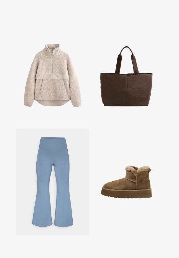 Beige, strukturierter Fleece-Pullover mit hohem Kragen, halblangem Reißverschluss und Fronttasche. Verfügt über weite Ärmel und einen abgerundeten Saum.; Blaue Schlagleggings aus einem glatten, dehnbaren Stoff mit hohem Bund. Das Design zeichnet sich durch eine enganliegende obere Partie aus, die in einen ausgestellten unteren Bereich übergeht.; Braune Wildleder-Ankle-Boots mit Kunstfellfutter, runder Spitze und dickem Plateausole; verfügen über eine gestickte Naht und eine Schlaufe an der Rückseite.; Braune Stofftragetasche mit zwei stabilen Griffen, rechteckiger Form, minimalen Nähten und glatter Textur.