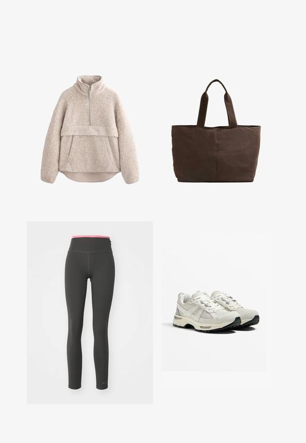 Beige, textúrált bolyhos pulóver magas gallérral, félig hosszú cipzárral és elülső zsebbel. Széles ujjak és ívelt alsó rész jellemzi.; Fekete leggings magas rózsaszín derékkal, sima, rugalmas anyagból. Lapos varrásokkal és egy logóval a bal alsó részen.; Könnyű futócipők bézs és szürke színben. Háló felsőrész, gumi talp, erősített fűzőlyukakkal ellátott fűzők, és texturált sarokdísz.; Barna textil bevásárlótáska, két strapabíró füllel, téglalap alakú, minimális varrási részletekkel és sima felülettel.