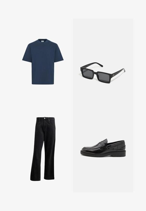 Säädöttömän neuleen villapaita tummanharmaana, jossa on pyöreä kaula-aukko ja pehmeä tekstuuri. Yksinkertainen muotoilu ilman näkyviä kuvioita tai yksityiskohtia.; Laivastonsininen puuvillapaita, jossa on pyöreä kaula-aukko, lyhyet hihat ja suora helma. Paidassa on pieni merkkilappu vasemmalla alhaalla.; Musta farkkutakki suoralla lahje muotoilulla, jossa on etutaskut, nappisuljenta ja hieno rakenne. Mukana on huomaamaton logotyyppinen yksityiskohta.; Mustat nahkakengät, joissa on sileä pinta, pyöristetty kärki, matala korko ja koristeommel etupuolella. Kumiulkopohja pitoa varten.; Mustat suorakulmaiset aurinkolasit tummilla linsseillä; valmistettu muovista, jossa on sileä pinta, paksut kehykset ja huomaamaton brändäys sivussa.