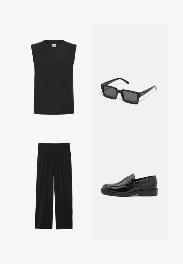 Ærmeløs strikket sweater i mørkegrå, med rund halsudskæring og en blød tekstur. Enkel design uden synlige mønstre eller detaljer.; Sorte brede bukser med en plisseret front, sidelommer og en glat stoftekstur. Designet til en afslappet pasform.; Sorte læder loafers med en glat finish, rund tå, lav hæl og dekorativ syning langs forsiden. Gummisål for godt greb.; Sorte rektangulære solbriller med mørke linser; lavet af plast, med en glat overflade, tykke stel og diskret branding på siden.