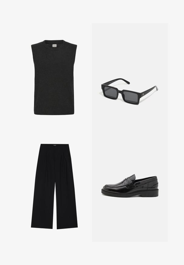 Sleeveless knit sweater in dark gray, featuring a round neckline and a soft texture. Simple design with no visible patterns or accents.; YOURTURN UNISEX - Trousers - black; Black leather loafers with a smooth finish, rounded toe, low heel, and decorative stitching along the front. Rubber outsole for grip.; Black rectangular sunglasses with dark lenses; made from plastic, featuring a smooth finish, thick frames, and subtle branding on the side.