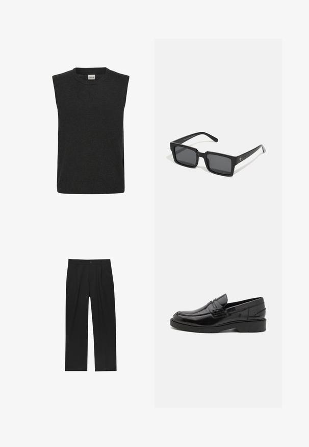 Majica brez rokavov iz pletenine v temno sivi barvi, z okroglim ovratnikom in mehko teksturo. Preprost dizajn brez vidnih vzorcev ali dodatkov.; Črne hlače z ravnim krojem, narejene iz gladkega materiala. Imajo sprednje gube in enojno zaponko na pasu.; Črne usnjene loaferje z gladko površino, zaobljenim nosom, nizko peto in dekorativnim šivom spredaj. Guma na podplatu za boljši oprijem.; Črne pravokotne sončne očala s temnimi lečami; izdelana iz plastike, z gladko površino, debelimi okvirji in subtilnim blagovno znamko na strani.