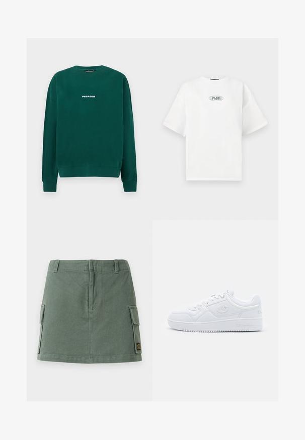 Hanorac verde din bumbac, cu guler rotund, manșete cu nervuri și un logo alb „PEGADOR” pe piept.; Tricou alb cu mâneci scurte, realizat din bumbac, având un logo grafic verde în formă de oval în centrul pieptului.; Fustă din denim verde cu un talie ajustată, două buzunare laterale și o petică în partea dreaptă jos. Textură netedă cu un luciu subtil.; Adidași alb cu design din material sintetic neted, având vârf rotund, talpă plată și accente subtile cu logo pe laterale. Design clasic de tip low-top.
