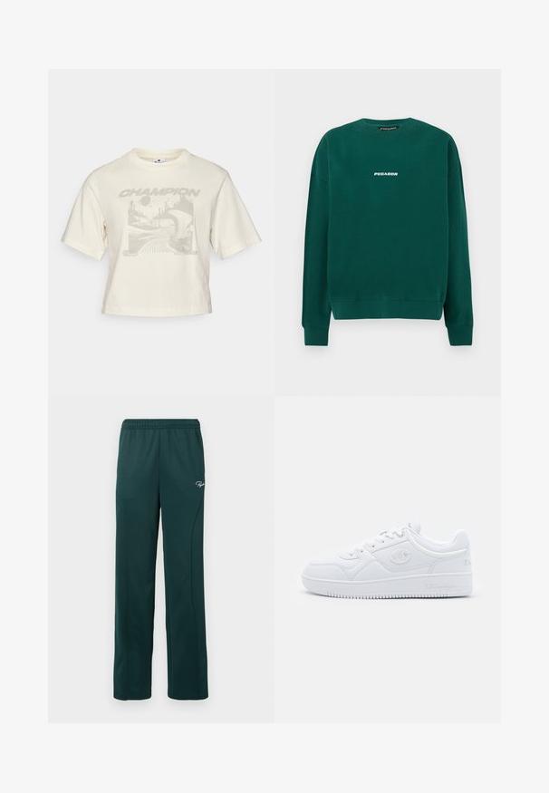 Grøn sweatshirt lavet af bomuld, med rund hals, ribstrikkede manchetter og en hvid "PEGADOR" logo på tværs af brystet.; Afkortet creme t-shirt lavet af bomuld, med et gråt grafisk print af abstrakte landskaber og ordet "CHAMPION" i fed skrift.; Mørkegrønne sweatpants lavet af blødt stof, med elastisk talje og sidesømme, samt et lille logo foran.; Hvide sneakers lavet af glat syntetisk materiale, med rund tå, flad sål og diskrete logo detaljer på siderne. Klassisk lavt design.