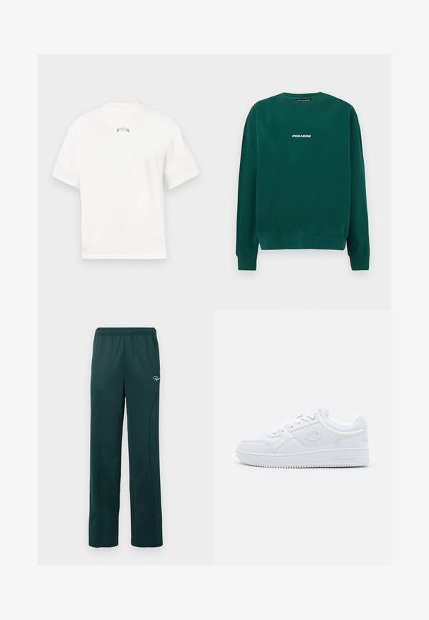 Zelená mikina vyrobená z bavlny, s kulatým výstřihem, žebrovanými rukávy a bílým logem "PEGADOR" na hrudi.; Bílé tričko s krátkým rukávem a kulatým výstřihem, na zádech s jemným zeleným vyšitým textem. Měkký bavlněný materiál, volný střih.; Temně zelené tepláky vyrobené z měkké látky, s elastickým pasem a bočními švy, s malým logem na přední straně.; Bílé tenisky vyrobené z hladkého syntetického materiálu, s kulatou špičkou, plochou podrážkou a jemnými logo akcenty po stranách. Klasický design nízkých tenisek.