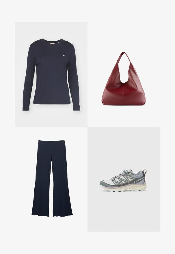 Flerfarvet stribet sweater med grønne, marineblå, hvide, lyseblå og røde nuancer. Bred ribbet rød krave og blød tekstur. Croppet design.; Marineblå langærmet t-shirt lavet af bomuld, med rund hals og et lille logo på venstre bryst. Glat tekstur.; Marineblå vidbukser i tekstureret stof med høj talje og flagrende kant, der har en glat og flydende silhuet.; Letvægts, multi-material løbesko med en grå og hvid overdel, tekstureret mesh, polstret sål og markante snørredetaljer.; Rød læder hobo-taske med et bredt, slouchy design og en stor åbning, der har en subtil tekstur og et præg af logoet på forsiden.
