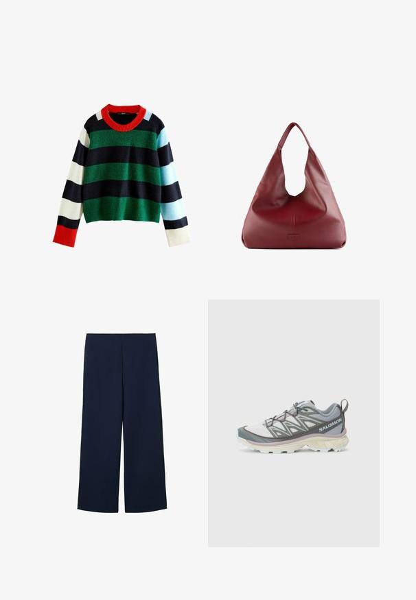Mikina s vícebarevnými pruhy v odstínech zelené, námořnické modré, bílé, světle modré a červené. Široký žebrovaný červený límec a měkká textura. Zkrácený střih.; Námořnické široké kalhoty vyrobené z lehkého materiálu, s čistým designem a rovnou siluetou, mají boční kapsy a žádné viditelné zapínání.; Lehká běžecká bota vyrobená z více materiálů, se šedým a bílým svrškem, texturovanou síťovinou, polstrovanou podrážkou a výraznými detaily šněrování.; Červená kůže hobo taška s širokým, volnějším designem a velkým otvorem, zdobená jemnou texturou a logo vyraženým na přední straně.