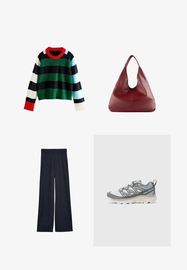 Multicolore gestreepte trui met groene, marineblauwe, witte, lichtblauwe en rode tinten. Brede ribgebreide rode kraag en een zachte textuur. Kort ontwerp.; Navy wijde-broek met een gladde textuur, voorzien van een aansluitende tailleband en voorplooien voor extra ontwerpdetail.; Lichte, multi-material hardloopschoen met een grijs en witte bovenkant, textuurmesh, gevoerde zool en opvallende vetersluiting.; Rode leren hobo tas met een brede, slungelige vorm en een grote opening, met een subtiele textuur en een op de voorkant geperst logo.