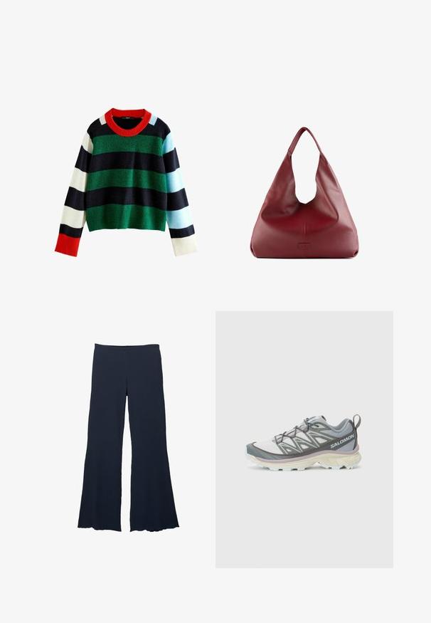 Multicolore gestreepte trui met groene, marineblauwe, witte, lichtblauwe en rode tinten. Brede ribgebreide rode kraag en een zachte textuur. Kort ontwerp.; Marineblauwe wijde broek van textuurstof met een hoge tailleband en een uitlopende zoom, met een soepele, vloeiende silhoeet.; Lichte, multi-material hardloopschoen met een grijs en witte bovenkant, textuurmesh, gevoerde zool en opvallende vetersluiting.; Rode leren hobo tas met een brede, slungelige vorm en een grote opening, met een subtiele textuur en een op de voorkant geperst logo.