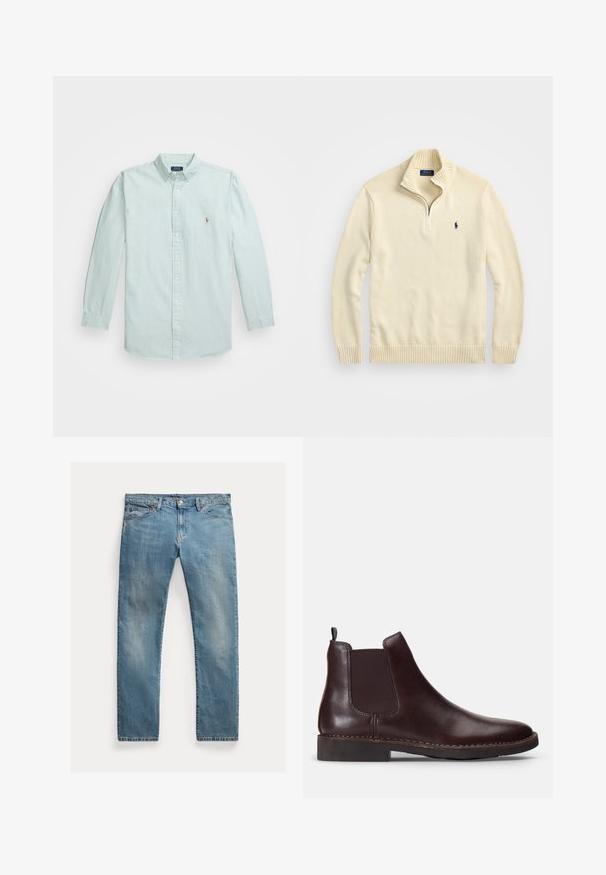 Kremfarget hettegenser med glidelås laget av strikket stoff, med ribbestrikket krage og kant, samt en liten brodert logo i mørkeblått på brystet.; Lyseblå og hvite vertikale striper skjorte med lange ermer og en liten logo brodert på brystet.; Lyseblå denimjeans med rett snitt, glidelås med knapper, fem lommer, subtil falming og stikningsdetaljer.; Brune Chelsea-støvler i lær med elastiske sidestykker, rund tupp og lav profilhæl. Detaljerte sømmer langs sålen.