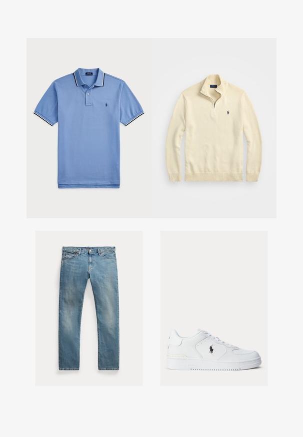 Kremna zip-up jopica iz pletenega materiala, s potrjenim ovratnikom in hemom ter majhnim izvezenim logotipom v temno modri barvi na prsih.; Svijetloplava polo majica od pamuka, s plavim gumbima, ovratnikom s crno-bijelim prugama i izvezenim logom na prsima.; Svetlo modri jeans s ravnim krojem, z gumbi za zapiranje, petimi žepi, subtilnim zbledelostjo in šivi. ; Bela usnjena športna obutev z teksturiranimi stranicami, okroglo konico in perforacijami. Ima črn logotip, zapiranje na vezalke ter debel gumijast podplat.