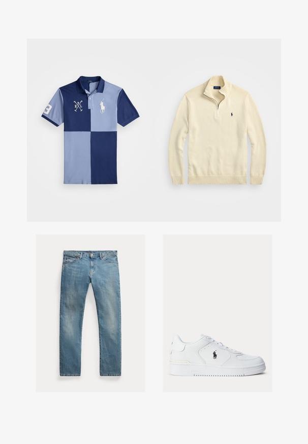 Kremna zip-up jopica iz pletenega materiala, s potrjenim ovratnikom in hemom ter majhnim izvezenim logotipom v temno modri barvi na prsih.; Polo majica s kratkimi rokavi v mornarsko modri in svetlo modri barvi s prešitimi križanimi maletami, številko "3" na rokavu in logotipom pol igralca na prsih.; Svetlo modri jeans s ravnim krojem, z gumbi za zapiranje, petimi žepi, subtilnim zbledelostjo in šivi. ; Bela usnjena športna obutev z teksturiranimi stranicami, okroglo konico in perforacijami. Ima črn logotip, zapiranje na vezalke ter debel gumijast podplat.