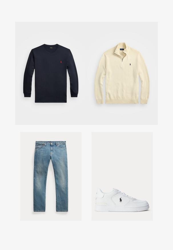 Krämfärgad zip-up tröja i stickad tyg, med ribbad krage och nederkant, samt en liten broderad logotyp i mörkblått på bröstet.; Marinblå långärmad t-shirt i bomull med rund hals och en liten röd logotyp på bröstet. Silkeslen textur, avslappnad passform.; Ljusblå denimjeans med rak passform, knäppning med knapp, fem fickor, subtila blekningar och sömnadsdetaljer.; Vita lädersneakers med texturerade sidor, rund tå och perforeringar. Har en svart logotyp, snörning och en tjock gummisula.