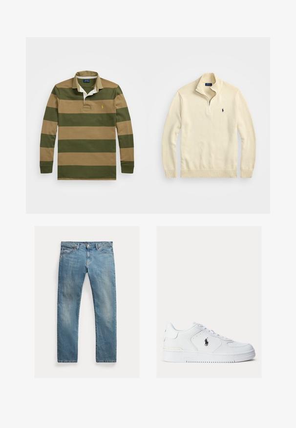 Krēmveida zip-up džemperis, kas izgatavots no adīta auduma, ar ribota tipa apkakli un apakšmalu, kā arī nelielu tumši zilu izšūtu logotipu uz krūtīm.; Ilgi piedurkņu regbija krekls ar mainīgiem zaļiem un brūniem svītrām, ribota apkakle un neliels izšūts logs virs kreisā krūšu lāpstiņa.; Gai zilu denima bikses ar taisnu griezumu, pogu aizdari, piecām kabatām, mazu izbalējumu un piktošu akcentu.; Baltie ādas sneakers ar teksturētām malām, apaļu purngali, un perforācijām. Iespējas ietver melnu logo, auklu aizdari un biezu gumijas zoli.