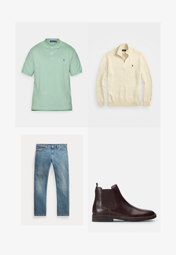 Kremowy sweter zapinany na zamek wykonany z dzianiny, z prążkowanym kołnierzem i dołem oraz małym, haftowanym logo w ciemnoniebieskim kolorze na piersi.; Polo Ralph Lauren Big & Tall - Koszulka polo; Jasnoniebieskie dżinsy o prostym kroju, zapinane na guziki, z pięcioma kieszeniami, delikatnym wypłowieniem i przeszyciami.; Brązowe skórzane botki Chelsea z elastycznymi panelami po bokach, zaokrąglonym noskiem i niskim obcasem. Szczegółowe przeszycia wzdłuż podeszwy.