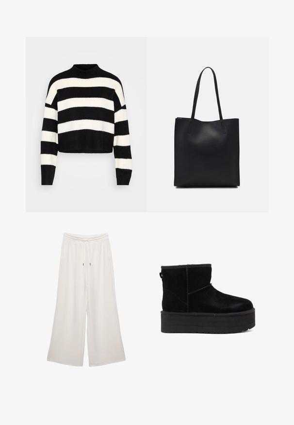 Schwarz-weißer, horizontal gestreifter, langärmliger, gekürzter Pullover mit geripptem hohen Kragen und Bündchen, auf einem hellen Hintergrund präsentiert.; Cremfarbene, weit geschnittene Hosen aus weichem Stoff, mit elastischem Bund, Kordelzug und Seitentaschen. Glatte Textur.; Schwarze Wildleder-Stiefeletten mit einer dicken Plattformsohle und weichem Futter. Abgeschlossen mit Nähakzenten und einer hinteren Schlaufe für einfaches Anziehen.; Schwarze Laptoptasche aus Leder mit glatter Textur, rechteckiger Form und zwei langen Griffen. Keine sichtbaren Beschläge oder Verzierungen.