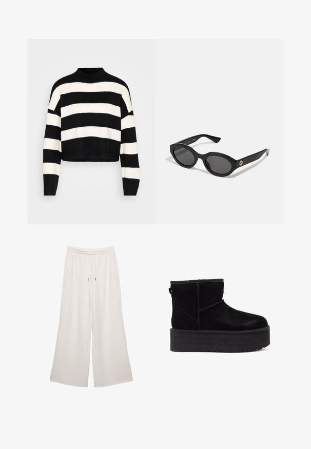 Mustat ja valkoiset vaakasuorat raidalliset pitkähihainen lyhyt villapaita, jossa on ribattu korkeakauluksinen kaulus ja hihansuut, esillä vaalealla taustalla.; Vaalean kermanväriset, leveälahkeiset housut, jotka on valmistettu pehmeästä kankaasta. Niissä on joustava vyötärö, nyöri ja sivutaskut. Sujuva tekstuuri.; Musta mokkanahka nilkkaboots paksulla platform-pohjalla ja pehmeällä vuorilla. Viimeistelty ompeluaksenteilla ja takana olevan vetolenkin avulla helppoa pukemista varten.; Mustat soikeat aurinkolasit tummilla linsseillä ja kiiltävästä muovista valmistetulla kehällä. Varustettu kullanvärisellä logolla temppeleissä, tarjoten tyylikkään ja modernin muotoilun.