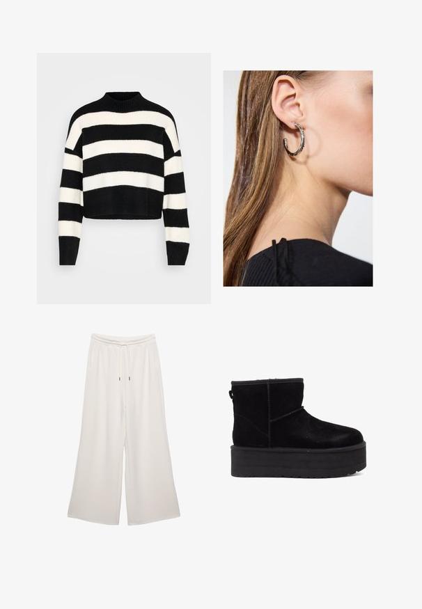 Schwarz-weißer, horizontal gestreifter, langärmliger, gekürzter Pullover mit geripptem hohen Kragen und Bündchen, auf einem hellen Hintergrund präsentiert.; Cremfarbene, weit geschnittene Hosen aus weichem Stoff, mit elastischem Bund, Kordelzug und Seitentaschen. Glatte Textur.; Schwarze Wildleder-Stiefeletten mit einer dicken Plattformsohle und weichem Futter. Abgeschlossen mit Nähakzenten und einer hinteren Schlaufe für einfaches Anziehen.; Silberne Creolen mit polierter Oberfläche, die kleine goldene Akzentdetails und eine runde Form aufweisen, am Ohrläppchen getragen.