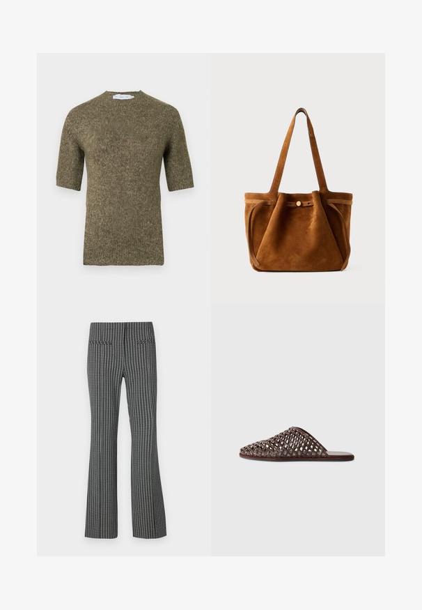 Krátky rukáv, pletený sveter olivovej zelenej farby s textúrovaným vzorom a zaobleným výstrihom, s rebrovanými detailmi na rukávoch a leme.; Čierno-biele kockované nohavice, s rozšírenými nohavicami, obsahujúce dve zadné vrecká a textúrovanú tkaninu s viditeľným mriežkovým vzorom.; Hnedé tkané slide sandále s oblejším prstom, otvoreným dizajnom, plochou podrážkou a textúrovaným povrchom. Ľahký materiál a minimalistický siluet.; Hnedá semišová taška s dvoma uchami, uzatváraním na gombík a uvoľneným, mierne splošteným tvarom.