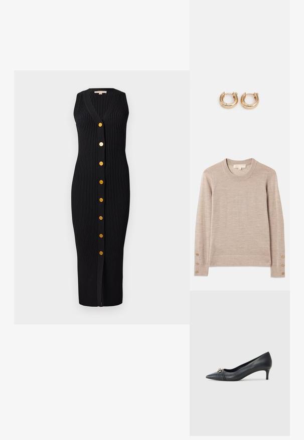Pull à col rond beige en tricot doux, avec des manches longues et quatre boutons décoratifs sur chaque poignet. Design minimaliste avec une finition texturée.; Robe en tricot côtelé noir avec un décolleté en V, sans manches et boutons dorés sur le devant, présentant une silhouette ajustée.; Escarpin noir en cuir à bout pointu avec un petit talon, doté d'une sangle texturée et d'un accent métallique à l'avant. Surface lisse et design épuré.; Pochette en cuir noir avec un accent en chaîne dorée, texture lisse et détails en logo doré. Inclut une bandoulière ajustable pour plus de polyvalence.; Boucles d'oreilles en or avec une finition polie, présentant un design circulaire épais et un mécanisme de fermeture sécurisé. Texture lisse et apparence brillante.