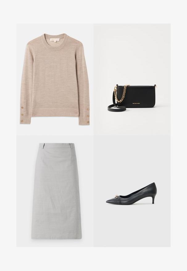 Pull à col rond beige en tricot doux, avec des manches longues et quatre boutons décoratifs sur chaque poignet. Design minimaliste avec une finition texturée.; Jupe crayon grise avec une texture lisse, une coupe ajustée et une taille plate, avec des coutures latérales et sans motifs ni accents visibles.; Escarpin noir en cuir à bout pointu avec un petit talon, doté d'une sangle texturée et d'un accent métallique à l'avant. Surface lisse et design épuré.; Pochette en cuir noir avec un accent en chaîne dorée, texture lisse et détails en logo doré. Inclut une bandoulière ajustable pour plus de polyvalence.; Boucles d'oreilles en or avec une finition polie, présentant un design circulaire épais et un mécanisme de fermeture sécurisé. Texture lisse et apparence brillante.