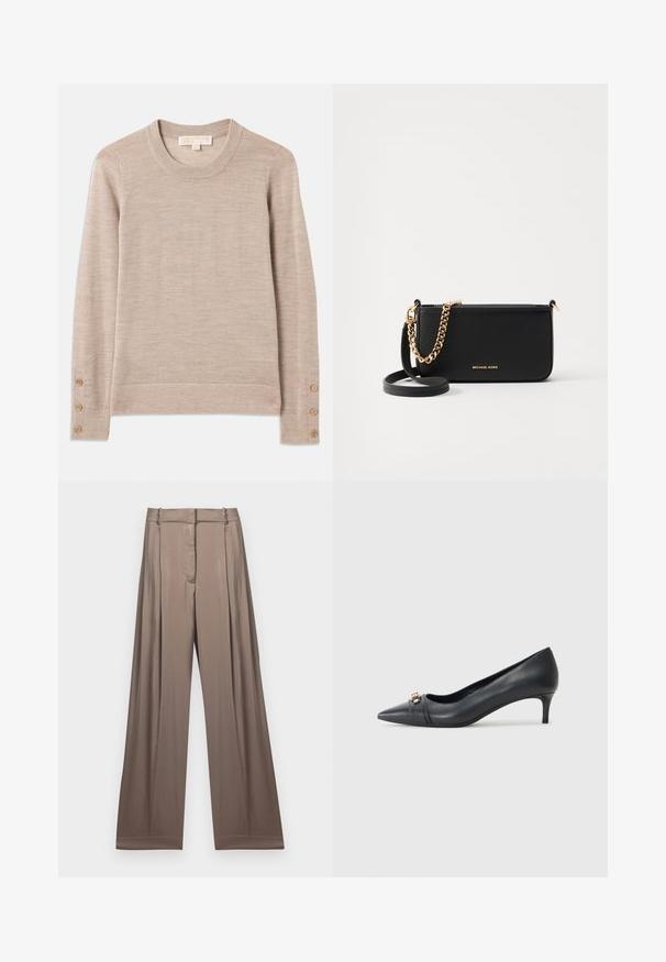 Smėlio spalvos apsirengimo megztinis, pagamintas iš minkštos mezgimo medžiagos, su ilgomis rankovėmis ir keturiais mygtukų akcentais ant kiekvieno rankogaliaus. Minimalistinis dizainas su tekstūruotu paviršiumi.; Baltas trumpas medvilninis marškinėlis, su trumpomis rankovėmis ir siuvinėtu "MICHAEL KORS" užrašu per visą priekinę dalį.; Plati kojinės kelnės iš prislopintos taupe spalvos, pagamintos iš lygaus audinio su satino apdaila. Turi pritaikytą liemenį ir subtilius raukšlėjimus.; Juodos odinės šlepetės su smailiu nosiu ir žemu kulnu, kurių priekį puošia tekstūruota juostelė ir metalinė detalė. Lygi paviršius ir elegantiškas dizainas.; Juodas odinis rankinukas su auksine grandine, glotnus paviršius ir auksinė logotipo detalė. Pridedama reguliuojama dirželis, kad būtų patogi naudoti.; Auksiniai auskarai-žiedai su poliruota danga, pasižymintys storu, apvaliu dizainu ir saugiu uždarymo mechanizmu. Lygus paviršius ir blizganti išvaizda.