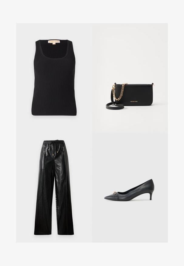 Beige crewneck särk pehmest kudumismaterjalist, millel on pikad varrukad ja neli nööpiakent igal mansetil. Minimalistlik disain tekstuuriga viimistlusega.; Mustmustriibuline must tops, millel on ruudukujuline kaelus ja„ keha nextuj näitus. Ühtlane tekstuur minimaalsete detailidega ja silt taga.; Mustast nahast laiade säärtega püksid elastse vöökoha, paelaga ja kuldsete detailidega. Sile tekstuur ja avar istuvus.; Kitsas otse musta nahast pump madala kontsaga, millel on tekstuuriga rihm ja metallist aksent ees. Sile pind ja stiilne disain.; Musta nahast lõhk, millel on kuldne kett, sile tekstuur ja kuldne logo detail. Sisaldab reguleeritavat rihma mitmekesisuse tagamiseks.; Kullatud rõngaste kõrvarõngad, millel on poleeritud viimistlus, pakuvad paksu ringikujulist disaini ja kindlat sulgemismehhanismi. Sile tekstuur ja läikiv välimus.