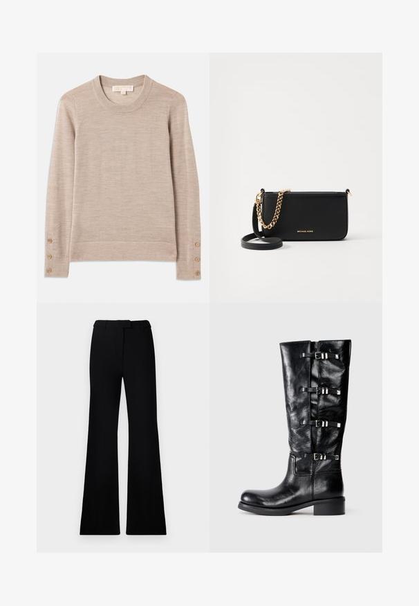 Bežový pulóver s okrúhlym výstrihom vyrobený z jemného pleteného materiálu, s dlhými rukávmi a štyrmi gombíkovými detailami na každom manžete. Minimalistický dizajn s textúrovaným povrchom.; Čierne rozšírené nohavice s hladkou textúrou, prispôsobeným pásom a prednými vreckami, navrhnuté s elegantnou, modernou siluetou.; Čierne kožené čižmy po kolená s okrúhlou špičkou, s tromi pásikmi s kovovými prackami a nízkym blokovým podpätkom. Hladká textura.; Čierna kožená kabelka s pozláteným reťazovým doplnkom, hladká textúra a zlaté logo. Obsahuje nastaviteľný popruh pre všestrannosť.; Zlaté kruhové náušnice s lešteným povrchom, so silným, obdĺžnikovým dizajnom a bezpečným uzatváracím mechanizmom. Hladký povrch a lesklý vzhľad.