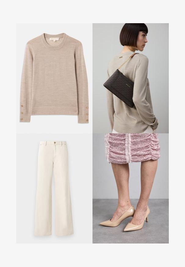 Bežový pulóver s okrúhlym výstrihom vyrobený z jemného pleteného materiálu, s dlhými rukávmi a štyrmi gombíkovými detailami na každom manžete. Minimalistický dizajn s textúrovaným povrchom.; Béžové nohavice s širokými nohavicami vyrobené z bavlny s hladkou textúrou. Obsahujú zapínanie na gombík, predné vrecká a klasický dizajn pásu.; Béžové lakované lodičky s úzkou špičkou a tenkým podpätkom. Hladký povrch s elegantným dizajnom. Nosia sa s ružovými šatami posiatymi flitrami.; Hnedá vzorovaná listová kabelka so zlatou kovovou výbavou a retiazkovým popruhom, nosená na ramene cez béžový sveter, so štruktúrovanou tkaninou.