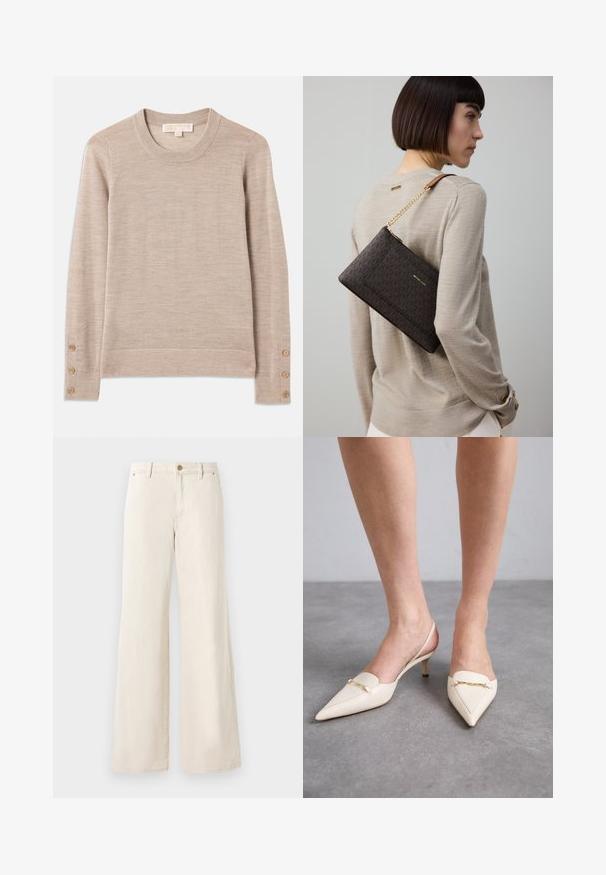 Beige ronde hals trui gemaakt van zacht breimateriaal, met lange mouwen en vier knoopaccenten op elke manchett. Minimalistisch ontwerp met een gestructureerde afwerking.; Beige wijde broek van katoen met een gladde textuur. Heeft een knoopsluiting, voorzakken en een klassiek taillebandontwerp.; Crèmekleurige, puntige slingback-hakken met een slanke middenhak, voorzien van een gouden kettingaccent op de wreef en een gladde leren textuur.; Bruine clutch met patroon, gouden sierbeslag en een kettingriem, gedragen over de schouder boven een beige trui met een structuurstof.