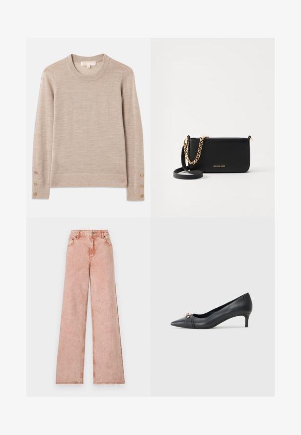 Bež pulover s okruglim izrezom od mekog pletiva, s dugim rukavima i četiri dugmeta na svakom manžetu. Minimalistički dizajn s teksturiranim završetkom.; Svijetložuti široki traperice od izblijedjelog denima. Ima pet džepova i kontrastne šavove. Klasično kopčanje s gumbom i patentnim zatvaračem.; Cipele na visoku petu od crne kože s uskim vrhom i niskom petom, s teksturiranim trakama i metalnim akcentom sprijeda. Glatka površina i elegantan dizajn.; Crna kožna torbica s zlatnim lančićem, glatke teksture i zlatnim logotipom. Uključuje podesivu traku za svestranost.; Zlatne okrugle naušnice s poliranim završetkom, s debelim, kružnim dizajnom i sigurnim mehanizmom zatvaranja. Glatka tekstura i sjajan izgled.