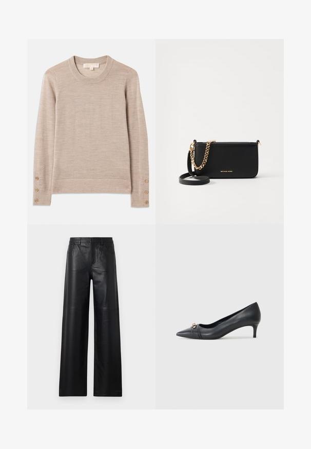 Pull à col rond beige en tricot doux, avec des manches longues et quatre boutons décoratifs sur chaque poignet. Design minimaliste avec une finition texturée.; Pantalons en cuir noir à jambes larges avec une texture lisse, dotés de poches avant, d'une fermeture par bouton et de détails de couture subtils.; Escarpin noir en cuir à bout pointu avec un petit talon, doté d'une sangle texturée et d'un accent métallique à l'avant. Surface lisse et design épuré.; Pochette en cuir noir avec un accent en chaîne dorée, texture lisse et détails en logo doré. Inclut une bandoulière ajustable pour plus de polyvalence.; Boucles d'oreilles en or avec une finition polie, présentant un design circulaire épais et un mécanisme de fermeture sécurisé. Texture lisse et apparence brillante.
