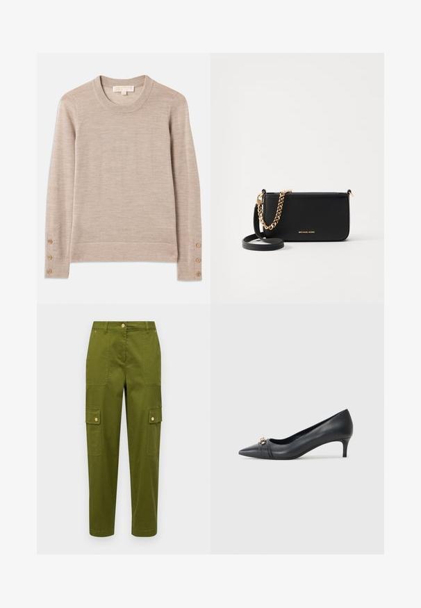 Bežový pulóver s okrúhlym výstrihom vyrobený z jemného pleteného materiálu, s dlhými rukávmi a štyrmi gombíkovými detailami na každom manžete. Minimalistický dizajn s textúrovaným povrchom.; Zelené cargo nohavice vyrobené z bavlny, s dvoma prednými vreckami, dvoma bočnými vreckami a rovnými nohavicami s zlatými komponentmi.; Čierne kožené lodičky s špicatou špičkou a nízkym opätkom, vybavené textúrovaným pásikom a kovovým akcentom vpredu. Hladký povrch a elegantný dizajn.; Čierna kožená kabelka s pozláteným reťazovým doplnkom, hladká textúra a zlaté logo. Obsahuje nastaviteľný popruh pre všestrannosť.; Zlaté kruhové náušnice s lešteným povrchom, so silným, obdĺžnikovým dizajnom a bezpečným uzatváracím mechanizmom. Hladký povrch a lesklý vzhľad.