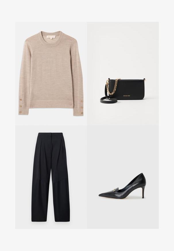 Beige genser med rund hals laget av mykt strikkemateriale, med lange ermer og fire knappdetaljer på hver mansjett. Minimalistisk design med strukturert overflate.; Viddebukser i marineblått med folder foran, laget av et glatt stoff og med en ren linning for et skreddersydd utseende.; Svart lærpumps med spiss tå, lav vamp og dekorativ gullaccent. Har stiletthæl og glatt tekstur.; Svart skinnveske med gullkjededetaljer, glatt tekstur og gulllogo. Inkluderer en justerbar stropp for allsidighet.