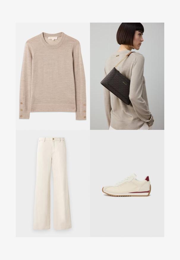 Beige crewneck särk pehmest kudumismaterjalist, millel on pikad varrukad ja neli nööpiakent igal mansetil. Minimalistlik disain tekstuuriga viimistlusega.; Beesidude laiats püksid, mis on valmistatud puuvillast ja millel on sile tekstuur. Omavad nööbiga kinnitamist, eesosas taskud ja klassikaline puusakujundus.; Valged tennisajad sileda tekstuuriga, millel on marooni aktsent põhja ääres ja tugeva haardega sakiline kummist välispind. Minimalistlik disain.; Pruun mustriga käekott kuldsete detailide ja kett rihmaga, kantud õlal beeži kampsuni peal, millel on tekstuuriga kangas.