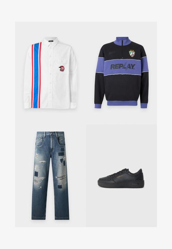 Fekete és lila félcipzáras pulóver, a mellkason "REPLAY" logóval és a bal felső részen Replay FC címerével, három csillaggal.; Fehér, gombos ing, amelynek egyik oldalán kék és piros csíkos mintázat található, a mellzsebén pedig fekete hímzett sisakfolt díszíti.; Farmernadrág, amely kopott foltokkal és változó kék árnyalatokkal rendelkezik, egyenes szárú fazonnal és hagyományos ött zsebes kialakítással.; Replay EPIC HIGH - Sportcipő - black